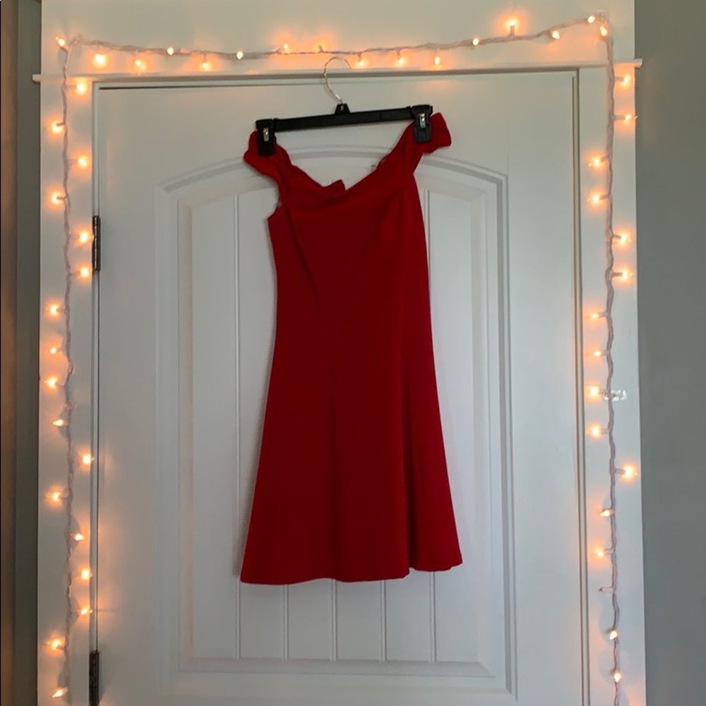 off the shoulder, red mini dress